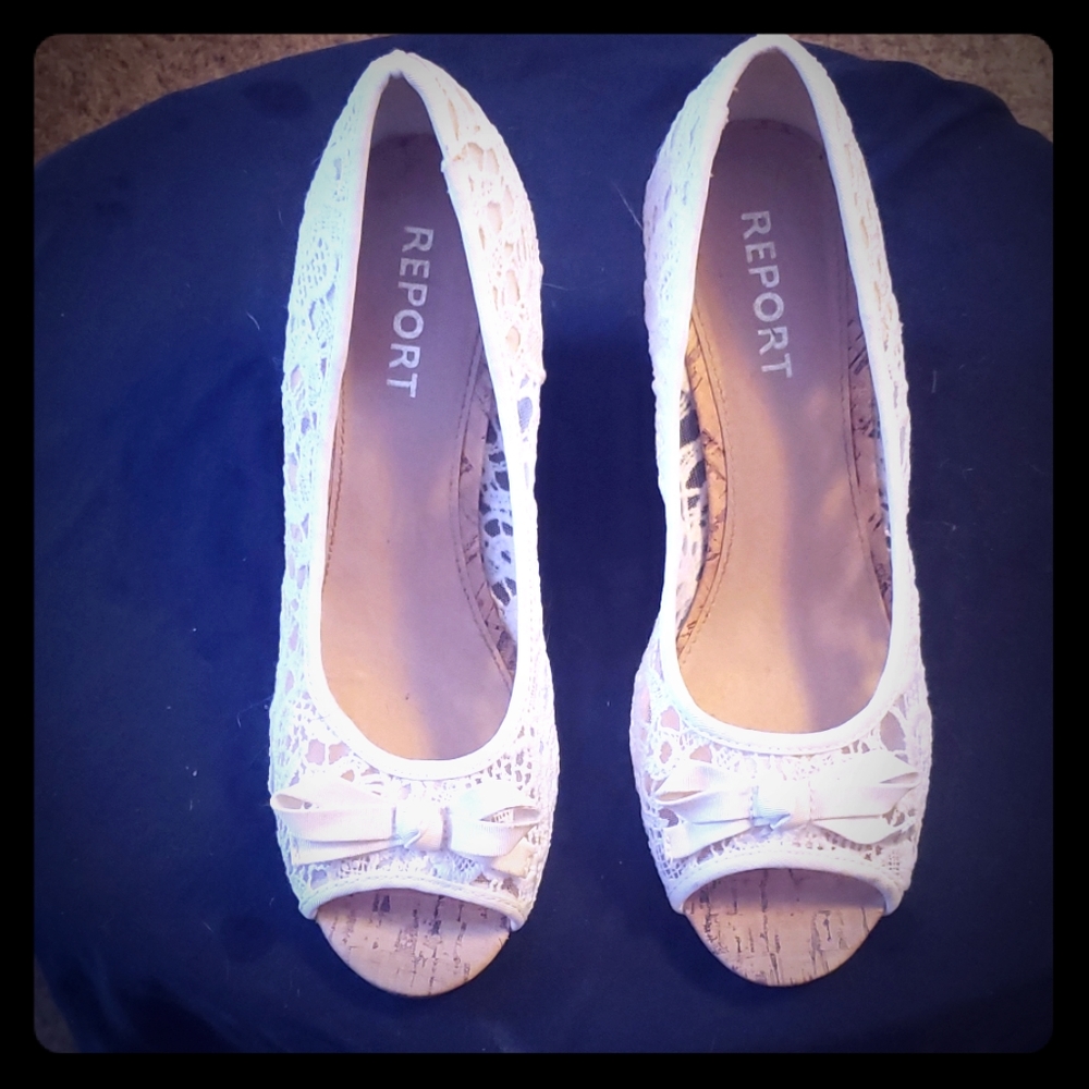 Size 11 ivory lace cork wedges